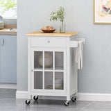 Maynard Contemporary Glass Paneled Kitchen Cart, Natural and White Noble House