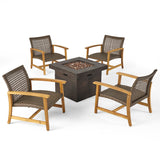 Breakwater Outdoor 5 Piece Wood and Wicker Club Chairs and Fire Pit Set, Mixed Mocha and Brown Noble House