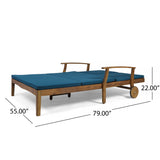 Perla Double Chaise Lounge for Yard and Patio, Acacia Wood Frame, Teak Finish with Blue Cushions Noble House