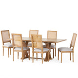 Noble House Regina French Country Wood and Cane 7-Piece Expandable Dining Set, Light Gray and Natural