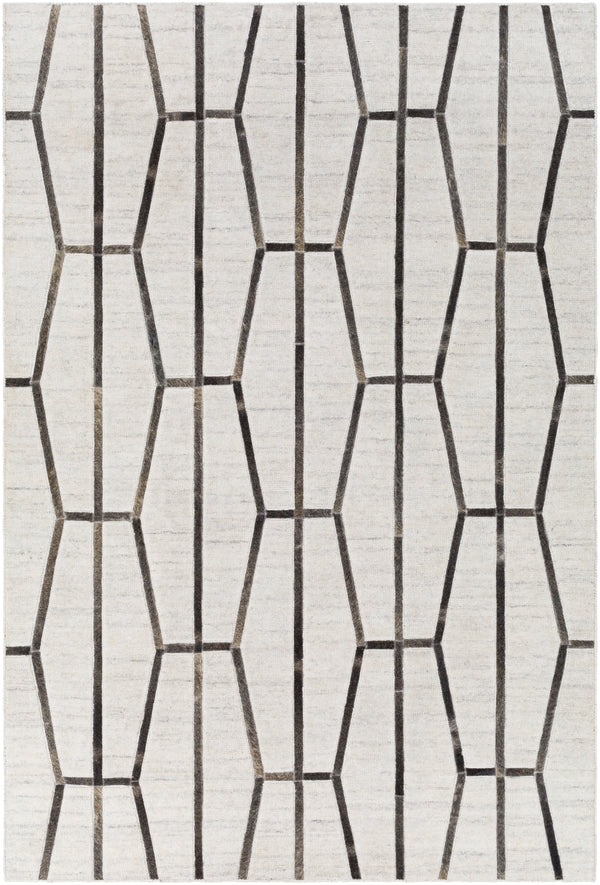 Eloquent ELQ-2303 Modern Viscose, Leather Rug ELQ2303-81012 Ivory, Light Gray, Black, Medium Gray, Charcoal 80% Viscose, 20% Leather 8'10" x 12'