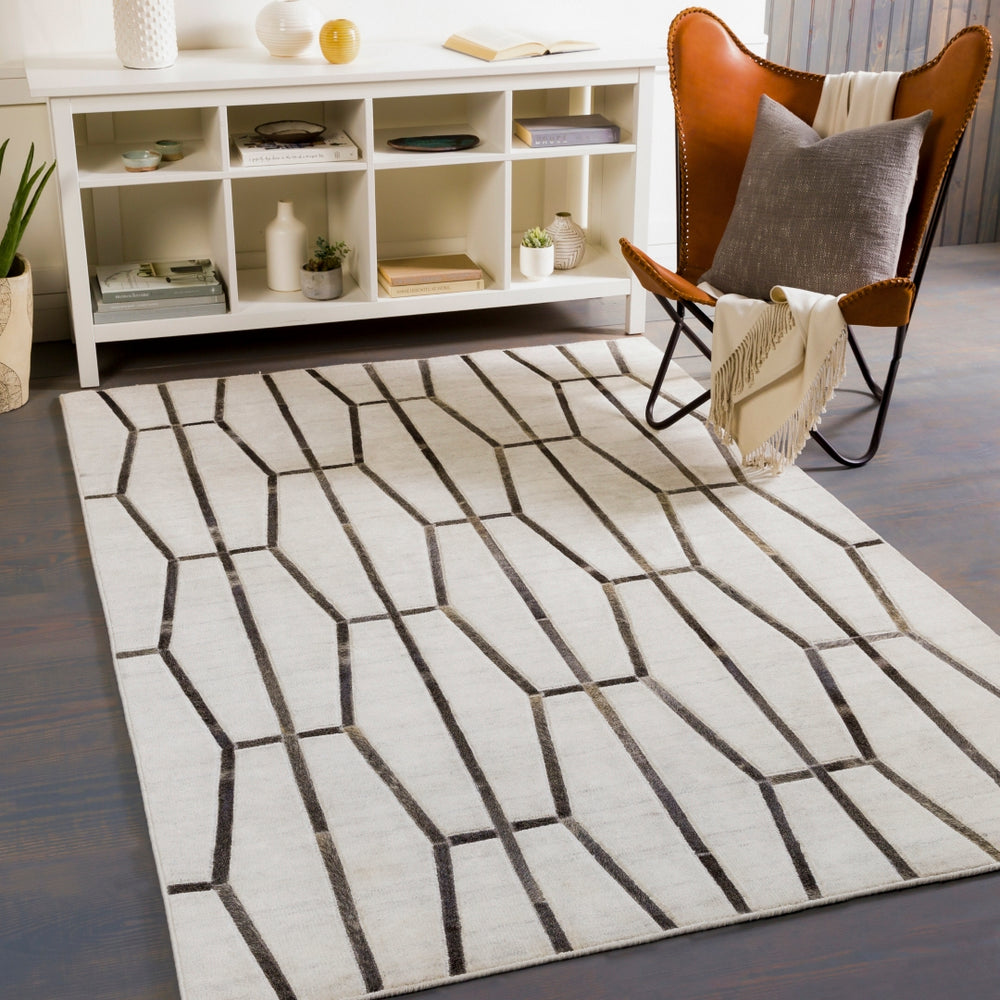 Eloquent ELQ-2303 Modern Viscose, Leather Rug ELQ2303-81012 Ivory, Light Gray, Black, Medium Gray, Charcoal 80% Viscose, 20% Leather 8'10" x 12'