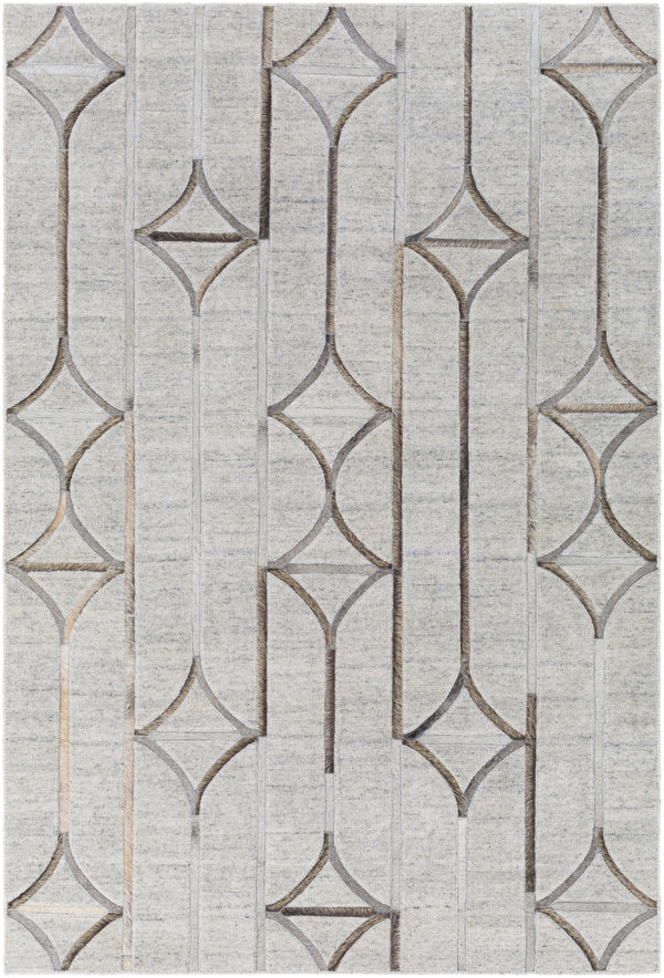 Eloquent ELQ-2304 Modern Viscose, Leather Rug ELQ2304-81012 Ivory, Light Gray, Camel, Dark Brown, Black 80% Viscose, 20% Leather 8'10" x 12'
