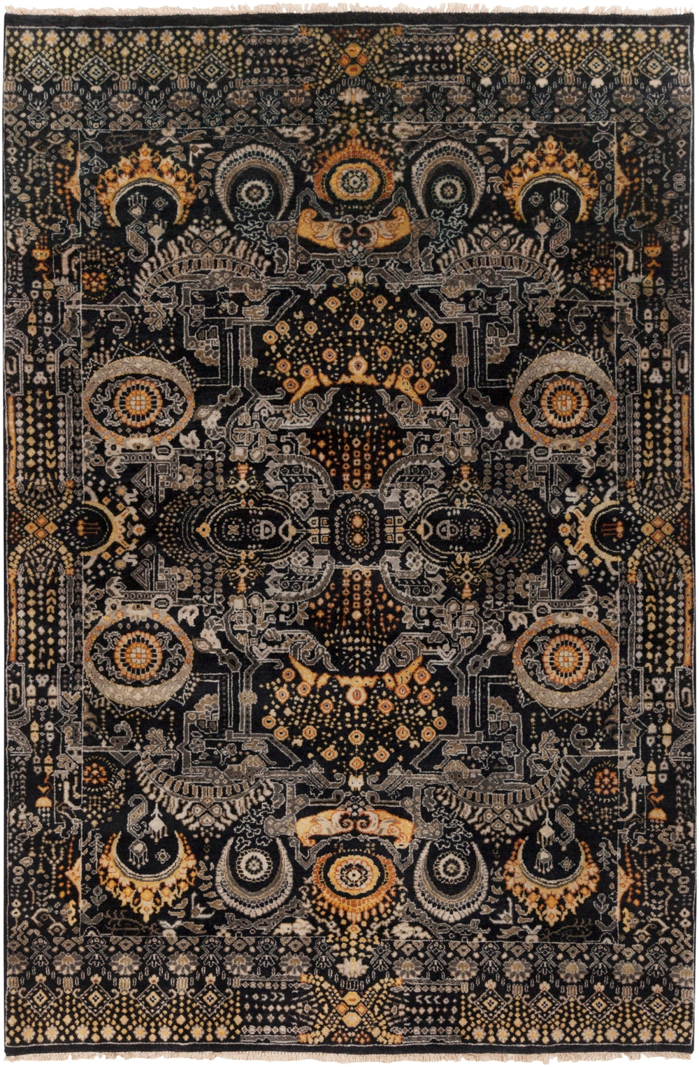 Empress EMS-7000 Traditional Wool Rug EMS7000-913 Black, Saffron, Charcoal, Burnt Orange, Medium Gray 100% Wool 9' x 13'