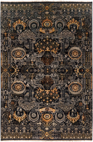 Empress EMS-7000 Traditional Wool Rug EMS7000-913 Black, Saffron, Charcoal, Burnt Orange, Medium Gray 100% Wool 9' x 13'