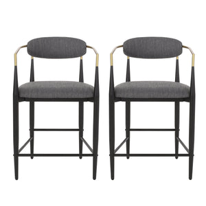 Noble House Elmore Modern Fabric Upholstered Iron 25 Inch Counter Stools (Set of 2), Charcoal, Black, and Gold