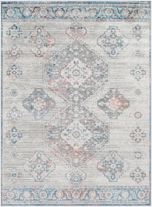 Enfield ENF-2306 Traditional Polypropylene, Polyester Rug ENF2306-81012 Teal, Aqua, Burnt Orange, Coral, Medium Gray, Light Gray, Cream 60% Polypropylene, 40% Polyester 8'10" x 12'