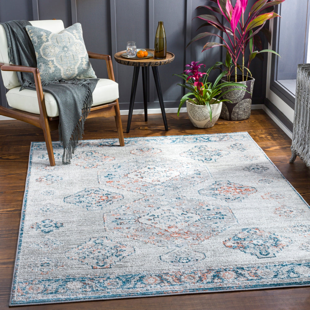 Enfield ENF-2306 Traditional Polypropylene, Polyester Rug ENF2306-81012 Teal, Aqua, Burnt Orange, Coral, Medium Gray, Light Gray, Cream 60% Polypropylene, 40% Polyester 8'10" x 12'