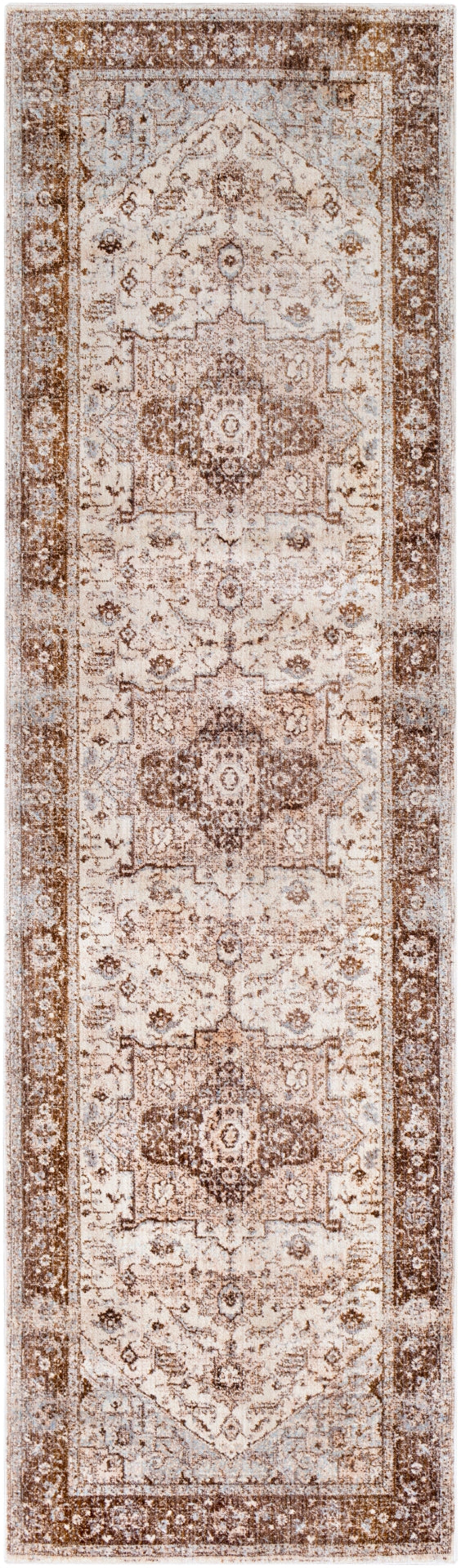Ephesians EPC-2313 Traditional Polyester Rug EPC2313-279 Dark Brown, Pale Pink, Beige, Medium Gray, Silver Gray, Aqua 100% Polyester 2'7" x 9'