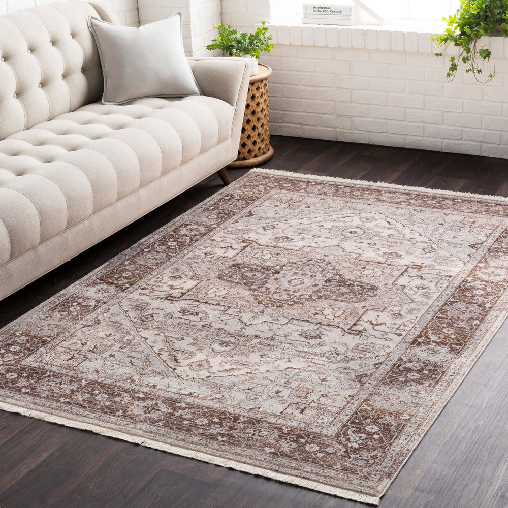 Ephesians EPC-2313 Traditional Polyester Rug EPC2313-91210 Dark Brown, Pale Pink, Beige, Medium Gray, Silver Gray, Aqua 100% Polyester 9' x 12'10"
