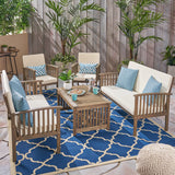 Carolina Outdoor 5-Piece Acacia Wood Sofa Set, Gray Finish and Cream Noble House