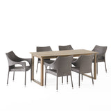 Noble House Aggie Outdoor Acacia Wood and Wicker 7 Piece Dining Set, Gray