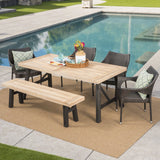 Hensley Outdoor 6 Piece Brushed Grey Acacia Wood Dining Set with Multibrown Wicker Stacking Chairs Noble House
