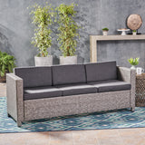 Puerta Outdoor Wicker 3 Seater Sofa, Mixed Black with Dark Grey Cushions Noble House