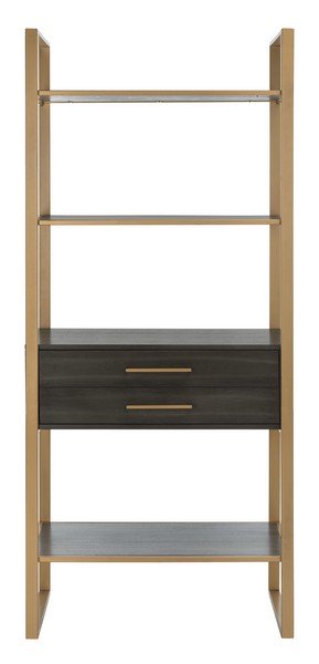 Safavieh Skylar Etagere 1 Drawer 4 Tier Gold Grey Oak Metal Liquid Veneer MDF Tube ETG6204A 889048465008