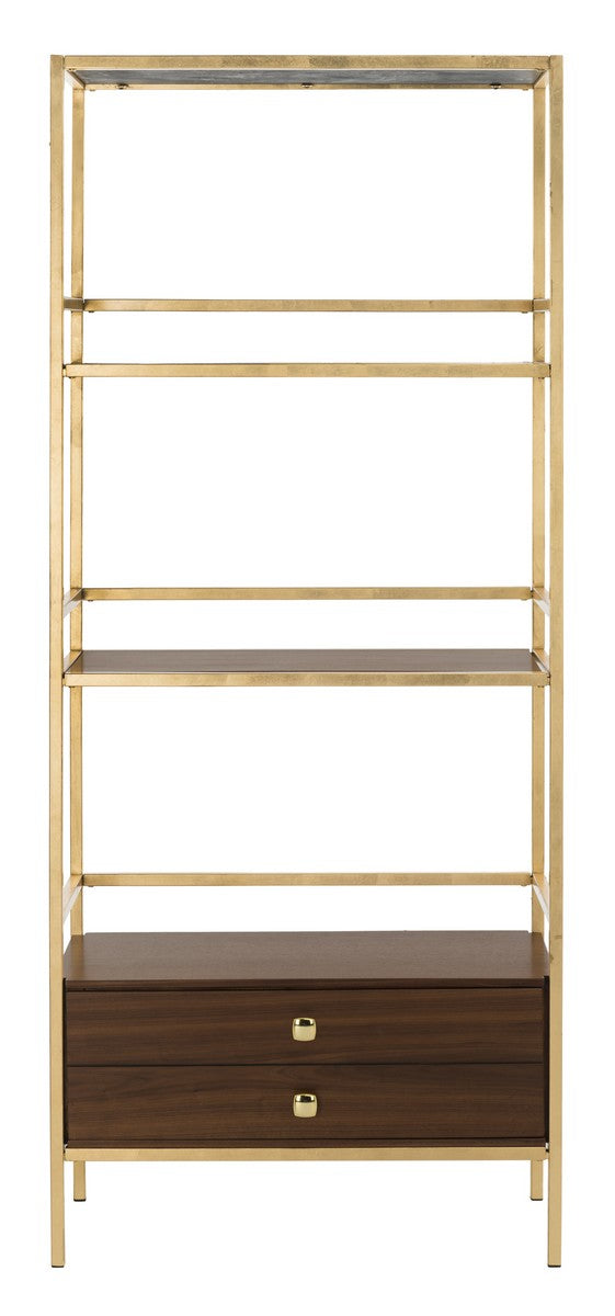 Safavieh Mateo Etagere 1 Drawer 4 Tier Gold Walnut Metal Foil Veneer MDF Tube ETG6205A 889048465145