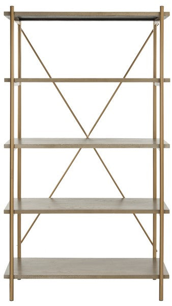 Safavieh Rigby Etagere 5 Tier Gold Liquid Rustic Oak Wood Veneer MDF Metal Tube ETG6206A 889048491946