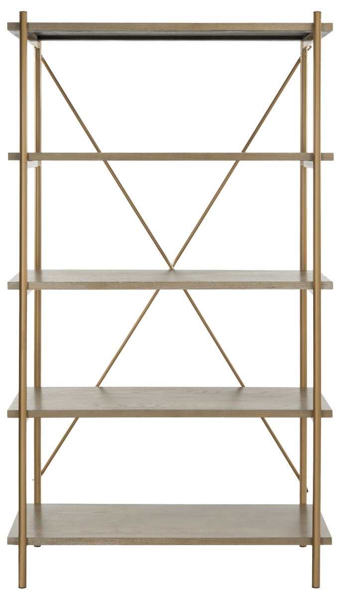 Safavieh Rigby Etagere 5 Tier Gold Liquid Rustic Oak Wood Veneer MDF Metal Tube ETG6206A 889048491946