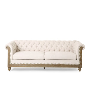 Castalia Chesterfield Tufted Fabric 3 Seater Sofa with Nailhead Trim, Beige and Dark Brown Noble House