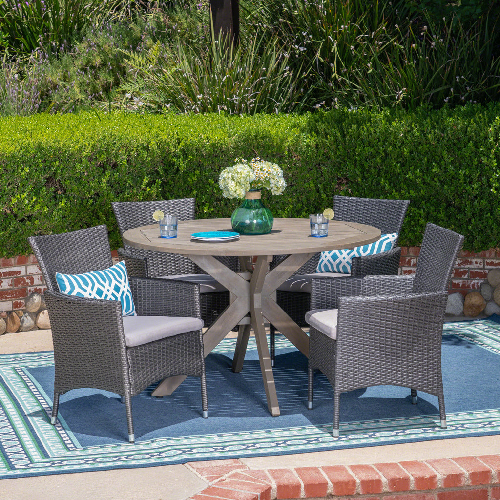 Cedros Outdoor 5 Piece Wood and Wicker Dining Set, Gray and Gray Noble House