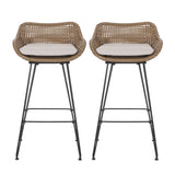 Kevin Outdoor Wicker and Iron Barstools with Cushion - Set of 2
