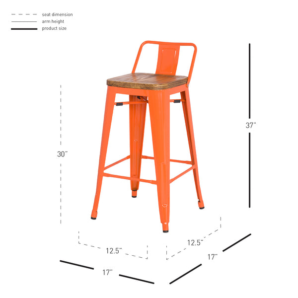 Metropolis Low-Back Bar Stool Set of 4 - Stylish Pine Wood, Sturdy Steel Frame for Modern Spaces