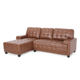 Harlar Contemporary Faux Leather Tufted 3 Seater Sofa and Chaise Lounge Set, Cognac Brown and Dark Brown Noble House