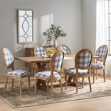 Noble House Derring French Country Fabric Upholstered Wood 7 Piece Dining Set, Dark Blue Plaid and Natural