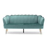 Reitz Modern Glam Velvet Channel Stitch 3 Seater Shell Sofa, Turquoise and Gold   Noble House