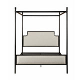 Beechmont Queen Size Iron Canopy Bed Frame with Upholstered Studded Headboard, Beige and Flat Black  Noble House