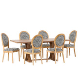 Noble House Derring French Country Fabric Upholstered Wood 7 Piece Dining Set, Black and White Print and Natural