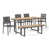 Noble House Quay Outdoor 6 Piece Aluminum Dining Set, Natural, Gray, and Dark Gray