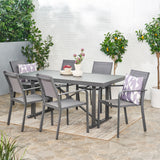 Noble House Odom Outdoor Modern Industrial Aluminum 7 Piece Dining Set with Mesh Seating, Gray and Dark Gray