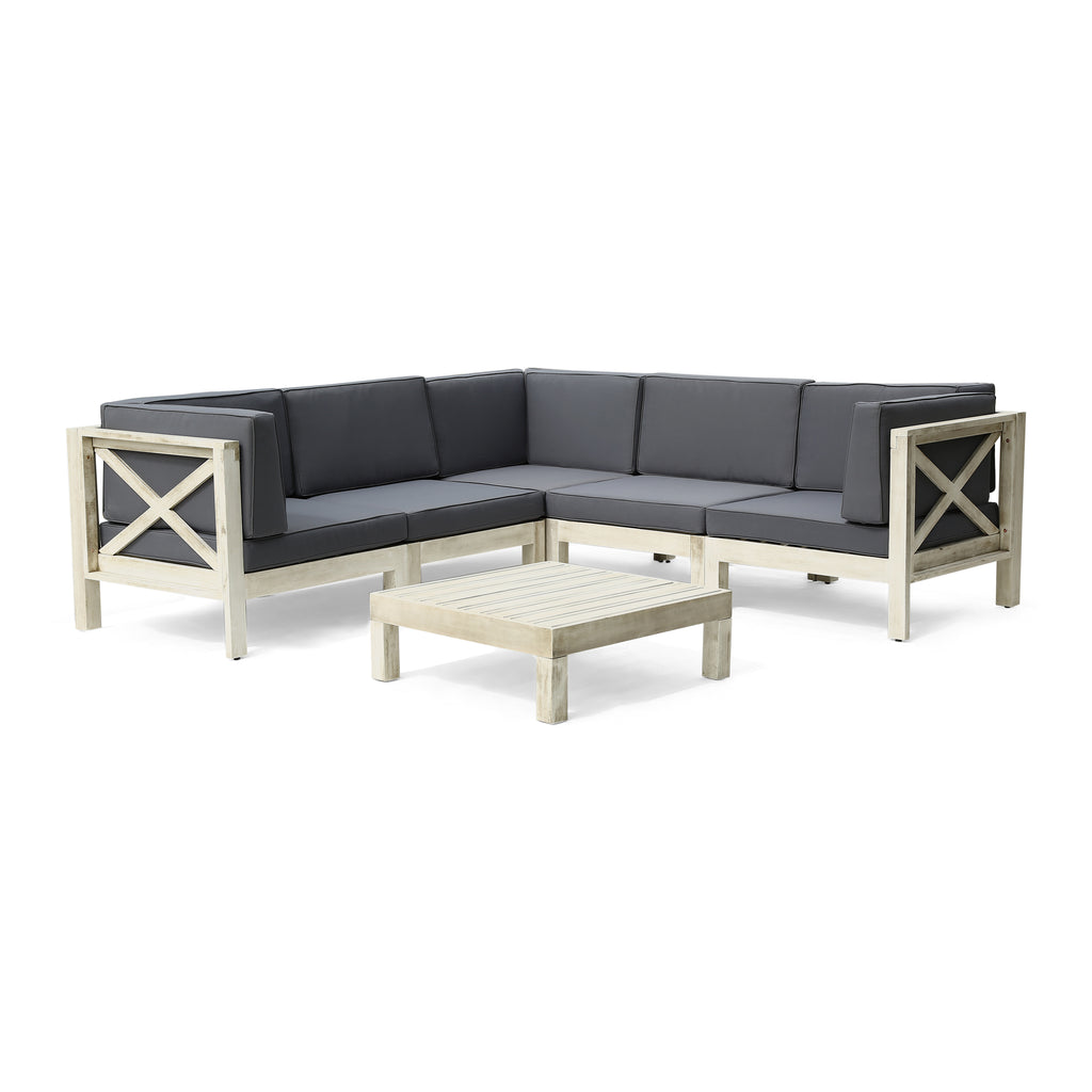 Brava Outdoor Acacia Wood 5 Seater Sectional Sofa Set with Coffee Table, Weathered Gray and Dark Gray Noble House