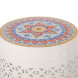 Noble House Cranbrook Outdoor Lace Cut Side Table with Tile Top, White and Multi-Color