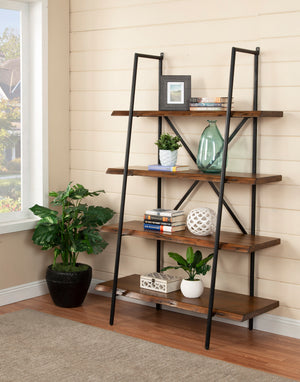 Alpine Furniture Live Edge 4 Shelf Bookshelf, Light Walnut 1968-69 Light Walnut Solid Acacia Wood with Metal Frame 48 x 21.5 x 78.5