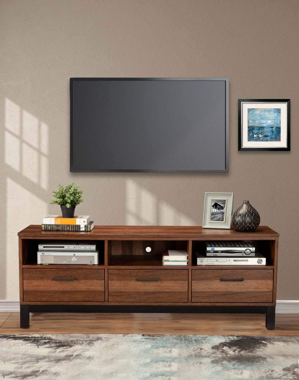 Weston Rustic Pine TV Console with Mahogany, English Dovetail Drawers & Metal Glides – Stylish Storage!