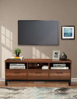 Weston Rustic Pine TV Console with Mahogany, English Dovetail Drawers & Metal Glides – Stylish Storage!