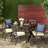 Noble House Exuma Outdoor Expandable 7 Piece Black Cast Aluminum Dining Set with Ivory Water Resistant Cushions