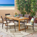 Garner Outdoor 6-Seater Acacia Wood Dining Set with Wicker Chairs, Sandblast Natural Finish and Multi Brown and Beige Noble House