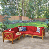 Brava Outdoor Acacia Wood 5 Seater Sectional Sofa Set with Water-Resistant Cushions, Teak and Red Noble House