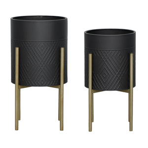 Sagebrook Home Contemporary Set of 2 -  Diamond Planter On Metal Tand, Blk/gld 12629-22 Black Iron