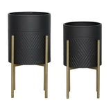 Contemporary Set of 2 -  Diamond Planter On Metal Tand, Blk/gld