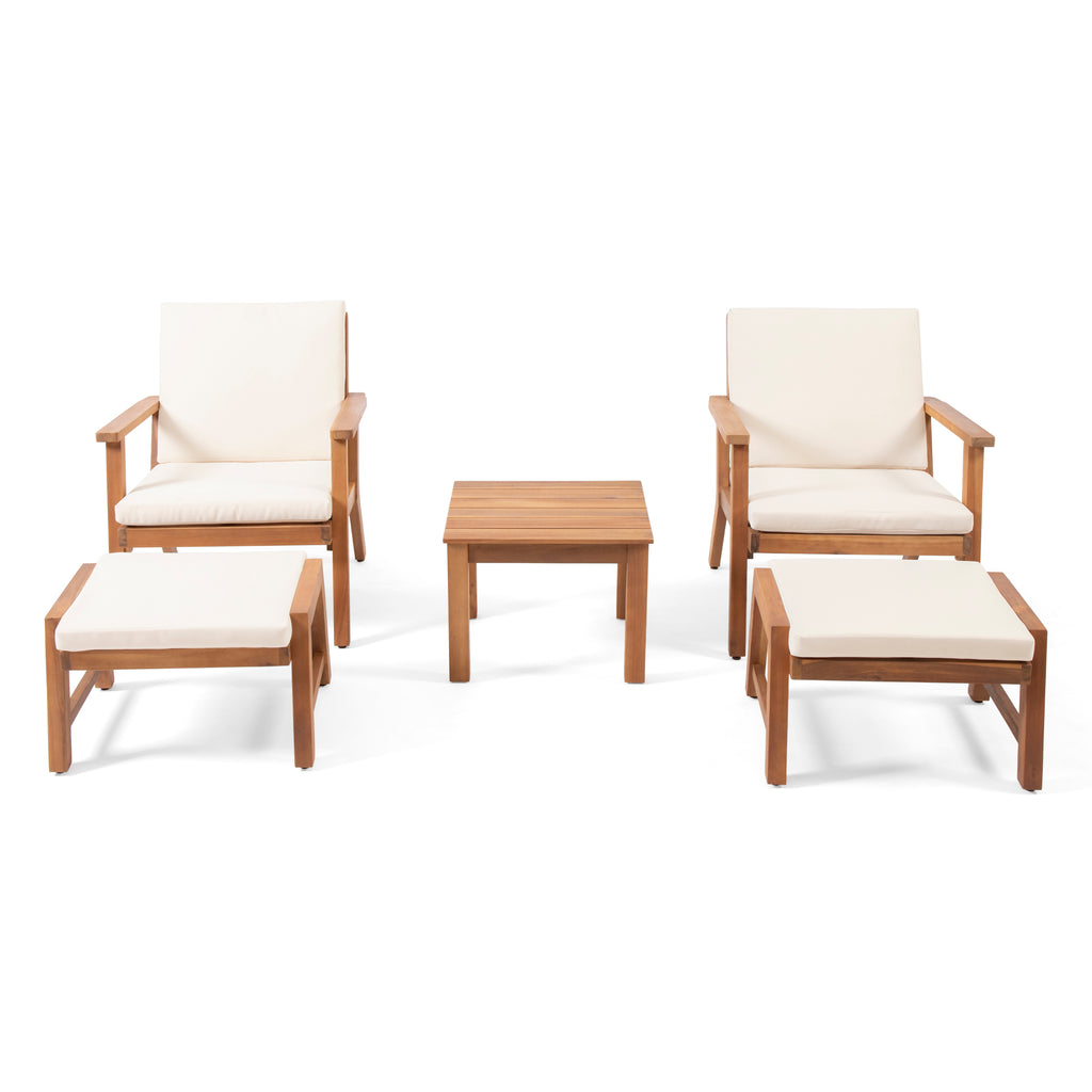 Temecula Outdoor Mid-Century Modern Acacia Wood 2 Seater Chat Set with Ottomans, Brown Patina and Cream Noble House