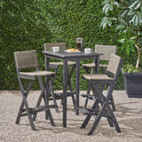 Polaris Outdoor 26" Square 5 Piece Wood and Wicker Bar Height  Set, Dark Gray Finish and Brown Noble House