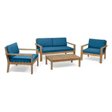 Santa Ana Outdoor 4 Seater Acacia  Wood Chat Set with Cushions, Wire Brushed Light Brown and Dark Teal Noble House