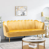 Reitz Modern Glam Velvet Channel Stitch 3 Seater Shell Sofa, Honey Yellow and Gold   Noble House