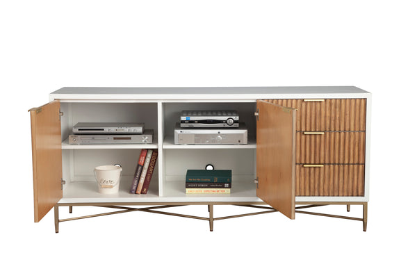 Larsen TV Console - Elegant White Mahogany with Gold Accents, Fully Assembled & Stylish Design