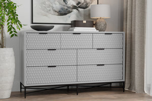 Milo Dresser in Light Slate Grey - 7 Drawer Storage with Felt Lined Top, Mahogany & Metal Base