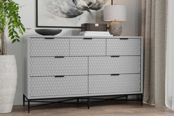Milo Dresser in Light Slate Grey - 7 Drawer Storage with Felt Lined Top, Mahogany & Metal Base